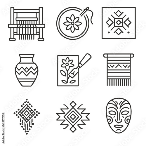 Cultural Craft Icons. Line style icons of cultural and heritage crafts: weaving loom, traditional embroidery, tribal pattern,