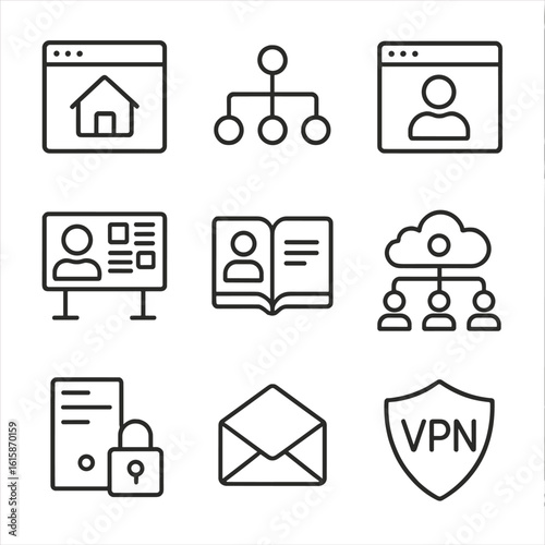 Business Network Icons. Line style icons of internal business networks: intranet icon, department connections, HR portal icon,