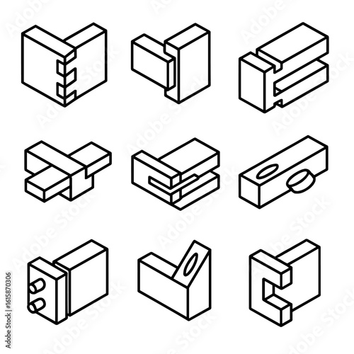 Wood Joinery Icons. Line style icons of wood join types: dovetail joint, mortise and tenon, finger joint, lap joint, tongue and