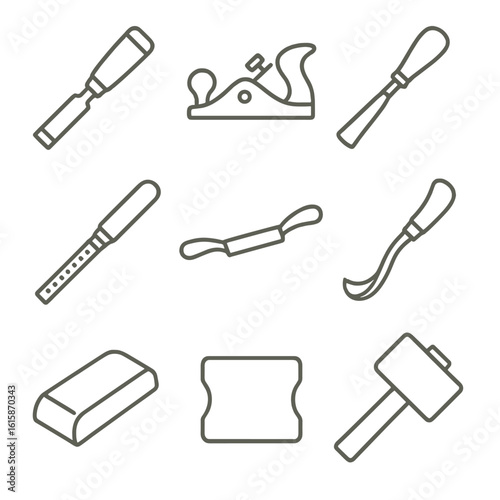 Woodworking Tools Icons. Line style icons of shaping tools for wood: wood chisel, block plane, spokeshave, rasp file, drawknife,