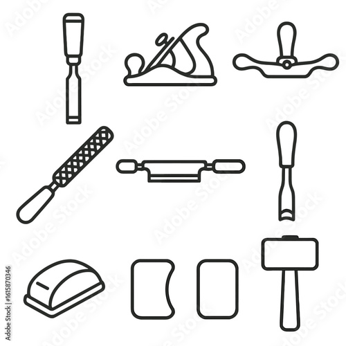 Woodworking Tools Icons. Line style icons of shaping tools for wood: wood chisel, block plane, spokeshave, rasp file, drawknife,