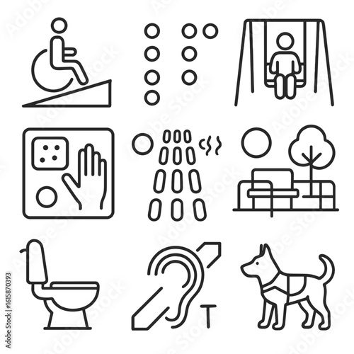 Accessibility Icons. Line style icons of accessibility and inclusiveness: wheelchair ramp, braille sign, inclusive swing, sensory