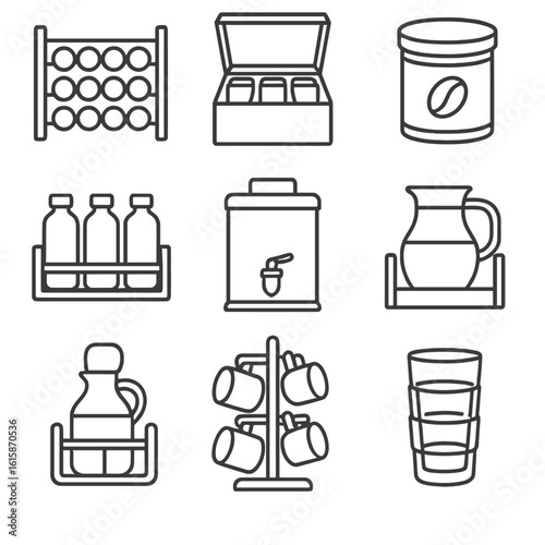 Beverage Storage Icons. Line style icons of beverage storage: wine rack, tea box, coffee tin, reusable bottle shelf, drink