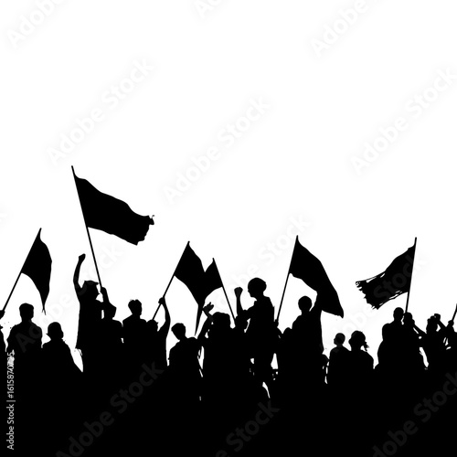 Silhouette of a crowd of people waving flags.