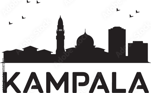 Silhouette vector of Kampala, includes Gaddafi Mosque, hilltop buildings, Ugandan capital skyline