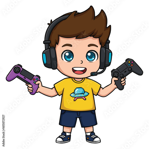 Gaming Boy Cartoon with Controllers and Headset