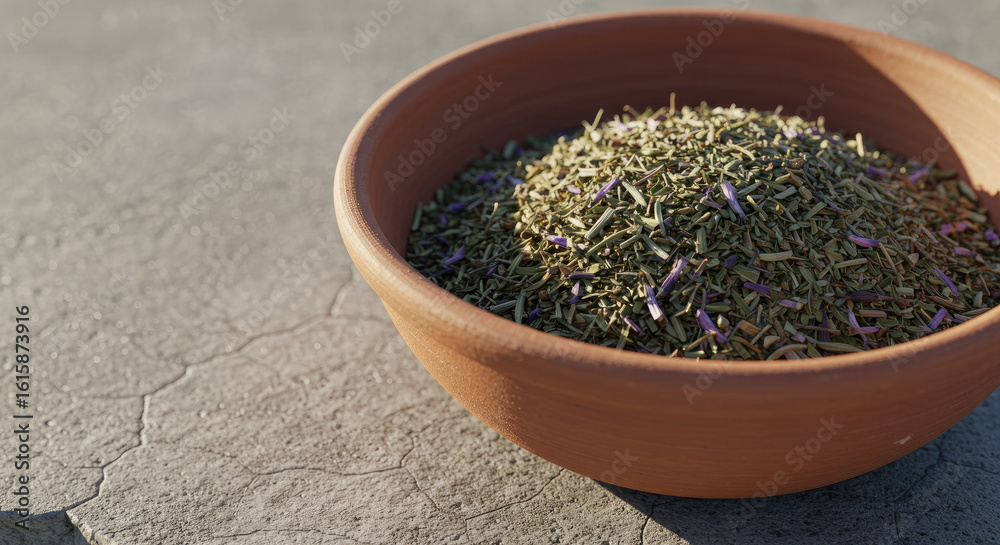 Fototapeta premium Dried Herbs and Flowers in Terracotta Bowl.