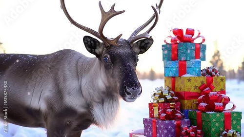 Reindeer, winter gifts, snowy forest