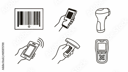 Illustration showing barcode scanner, handheld device, and phone with hand holding them icons created with generated ai