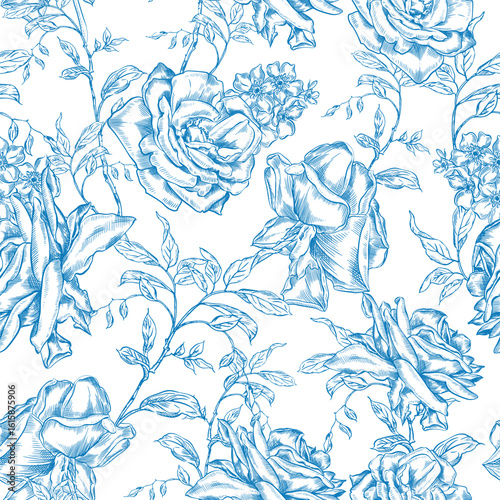 Vintage Toile de Jouy Pattern with Blue Roses and Swallows. Seamless floral and bird illustration