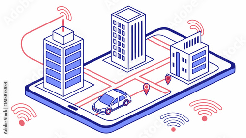 Isometric mobile app interface showing navigation with buildings car and wifi signals displayed well created with generated ai