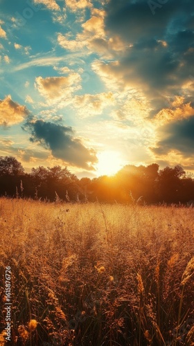 Field of Tall Grass at Sunset with Dramatic Sky