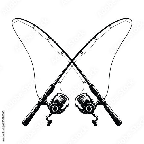 Two crossed fishing rods with reels in a stylized line art illustration