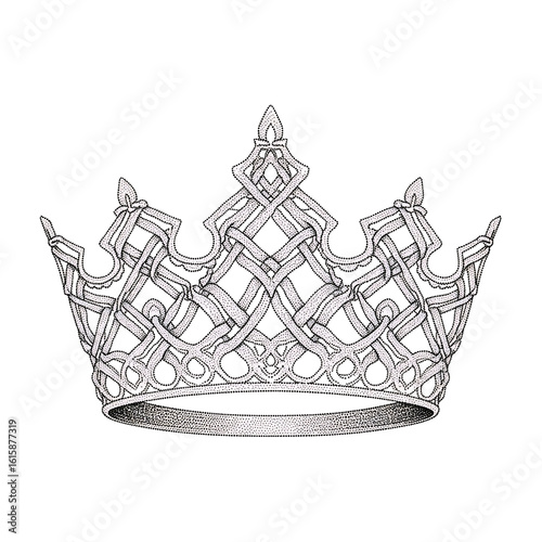 Intricate Celtic-style crown design, detailed line art, regal symbol, monochrome illustration.