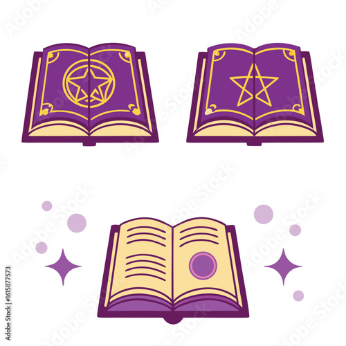 Purple magic spell books with stars and circles gold