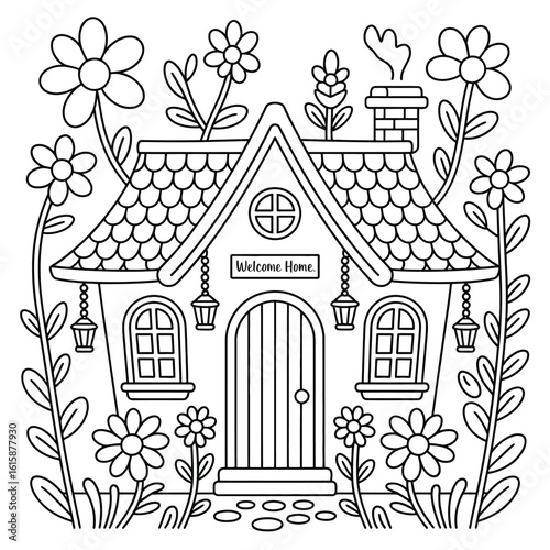 Whimsical storybook cottage surrounded by flowers and plants