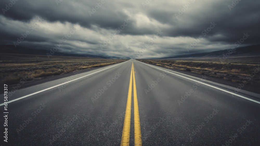 Naklejka premium A straight two lane road extends into the distance under dark stormy skies,