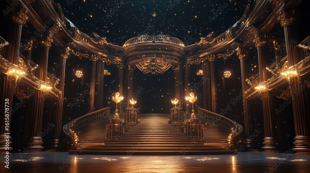Obraz premium Grand staircase in a lavish, ornate gold palace at night with glittering particles.