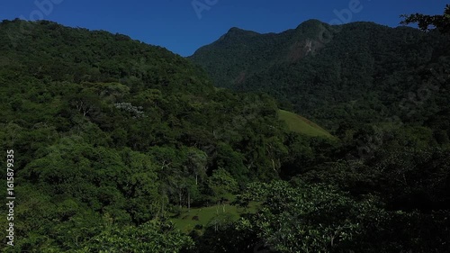 Aerial view of a mountainous and preserved region of the Atlantic Forest, a tropical rainforest in Rio de Janeiro, Brazil. The beauty and biodiversity are the highlights.