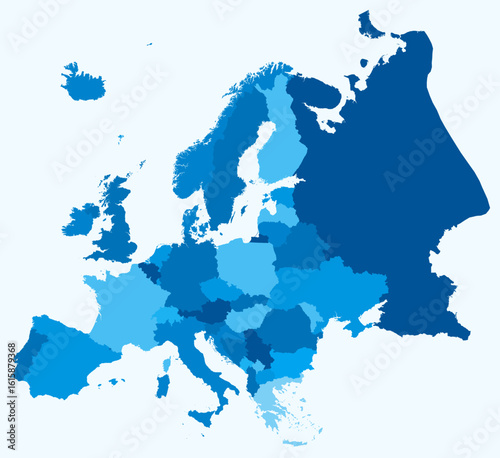 Map of Europe with countries. Just a simple continent border map with country division. Light blue color palette. Plain Europe shape with administrative division. Vector illustration.