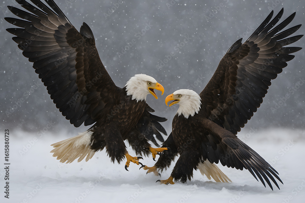 Fototapeta premium Dramatic Scene of Two Bald Eagles Fighting Mid-Air During Intense Snowfall in Wild Nature