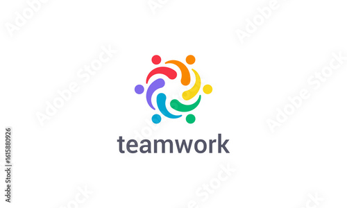Teamwork logo with colorful abstract people figure vector design
