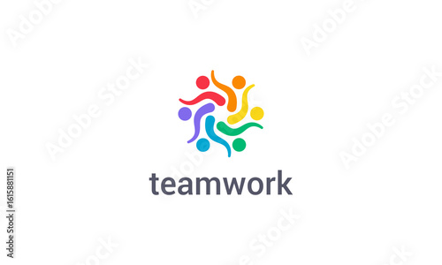 Teamwork logo with colorful abstract people figure vector design