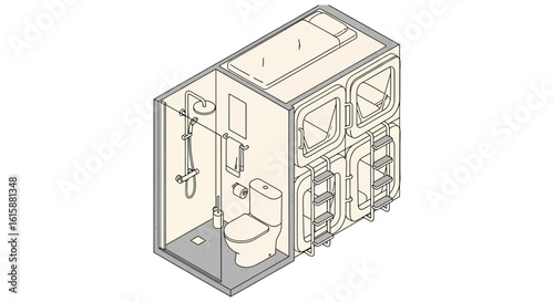 Compact bathroom and bunk bed unit layout