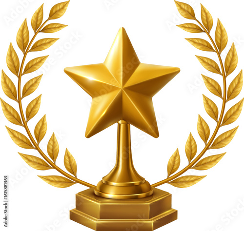 Golden star trophy with laurel wreath, ideal for best performance, success, excellence, and top achievement.