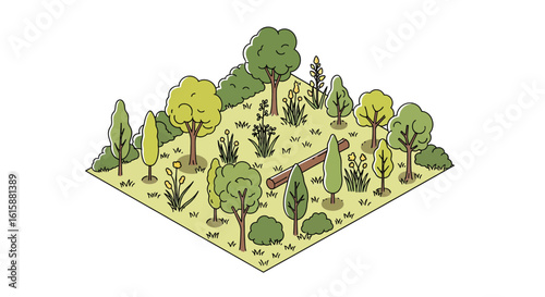 Forest scene with trees and grassy ground