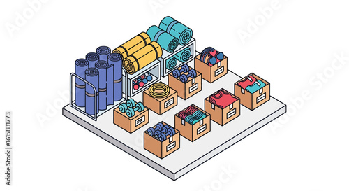 Stored goods in boxes and rolled materials