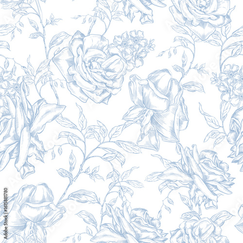 Vintage Toile de Jouy Pattern with Blue Roses and Swallows. Seamless floral and bird illustration