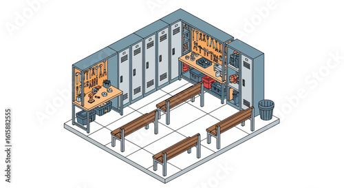 school lockers and benches interior scene