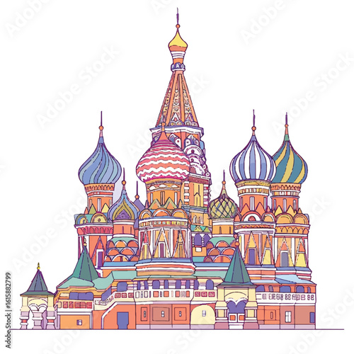 Colorful Saint Basils Cathedral Illustration with Intricate Details and Unique Architectural Style