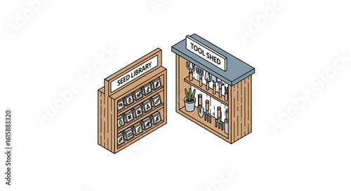 Seed library and gardening tool shed display