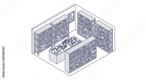Library interior with bookshelves and counter
