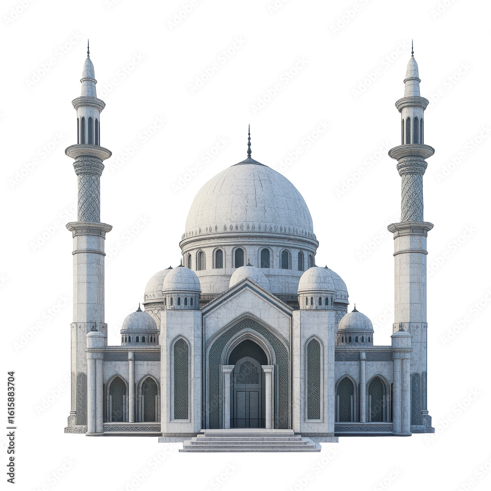 Fototapeta premium Ornate islamic mosque architecture with blue domes isolated on transparent background. Mosque building isolated on white background.