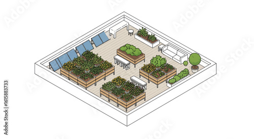 Rooftop garden with planters and seating area