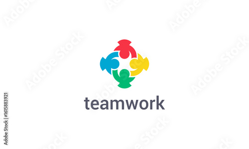 Teamwork logo with colorful abstract people figure vector design
