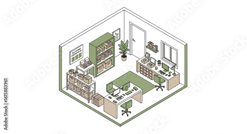 office workspace interior with desks and storage