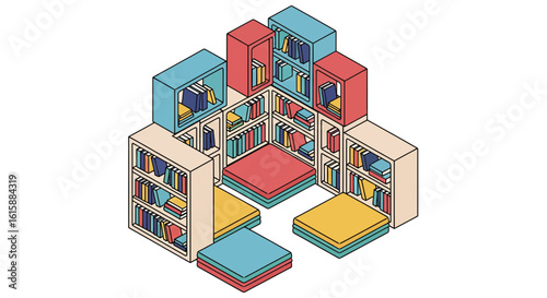 bookshelves and cushions reading nook arrangement