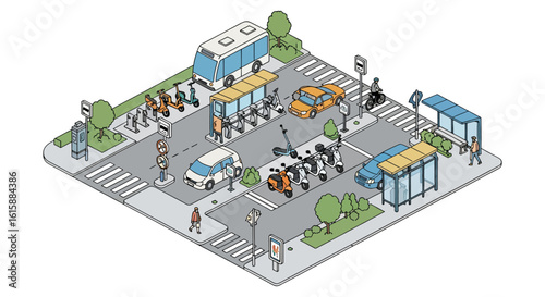 City transport hub with scooters and buses