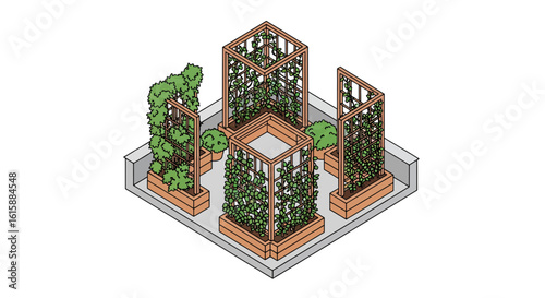 Raised garden beds with climbing plants