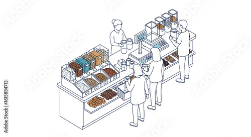 Bulk food store checkout with customers and staff