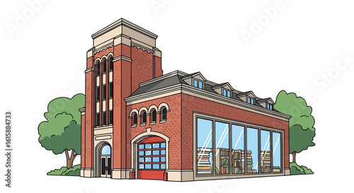 Historic brick building with arched windows and trees