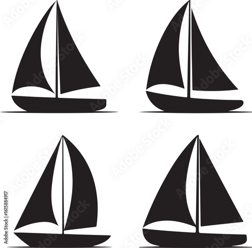 Four black sailboats on white background sailing watercraft