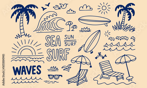 A tropical beach and surf-themed vector illustration set created in a bold and vibrant graphic style. This collection is packed with summery, ocean-inspired elements, perfect for fun and eye-catching 