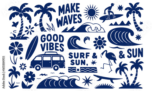 A tropical beach and surf-themed vector illustration set created in a bold and vibrant graphic style. This collection is packed with summery, ocean-inspired elements, perfect for fun and eye-catching 