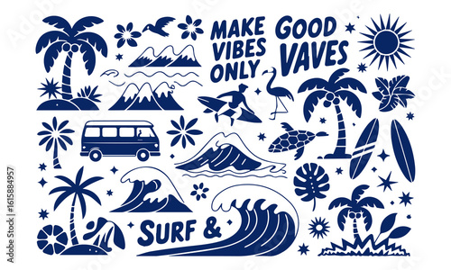 A tropical beach and surf-themed vector illustration set created in a bold and vibrant graphic style. This collection is packed with summery, ocean-inspired elements, perfect for fun and eye-catching 