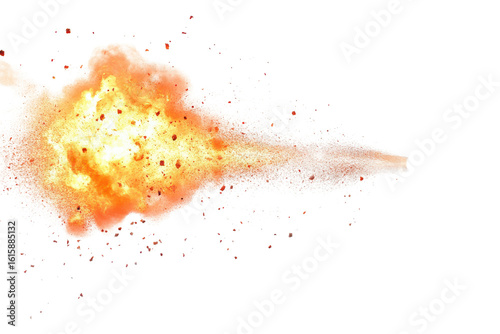 Fiery explosion bursting outward isolated on transparent background. Muzzle flash effect on isolated with white background.